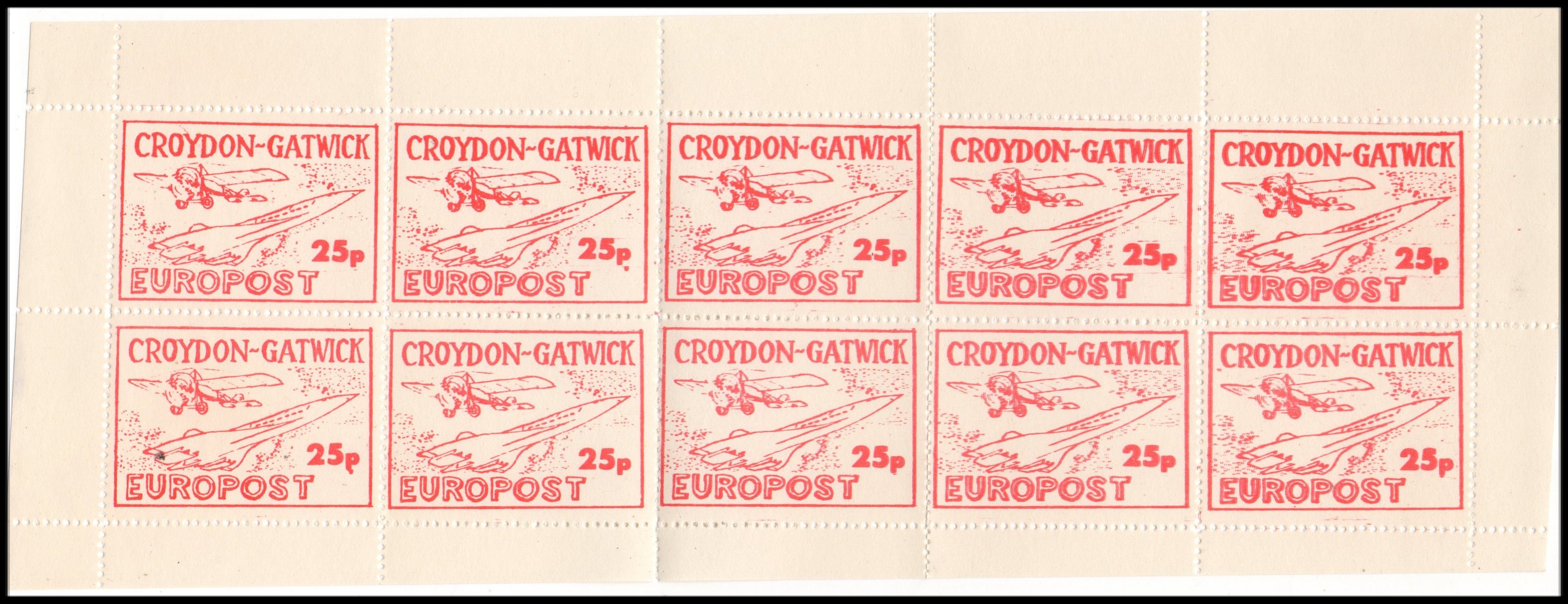 1971 Croydon Gatwick Strike Post 25p Concorde Bleriot XI stamp full sheet of 10 - folded twice